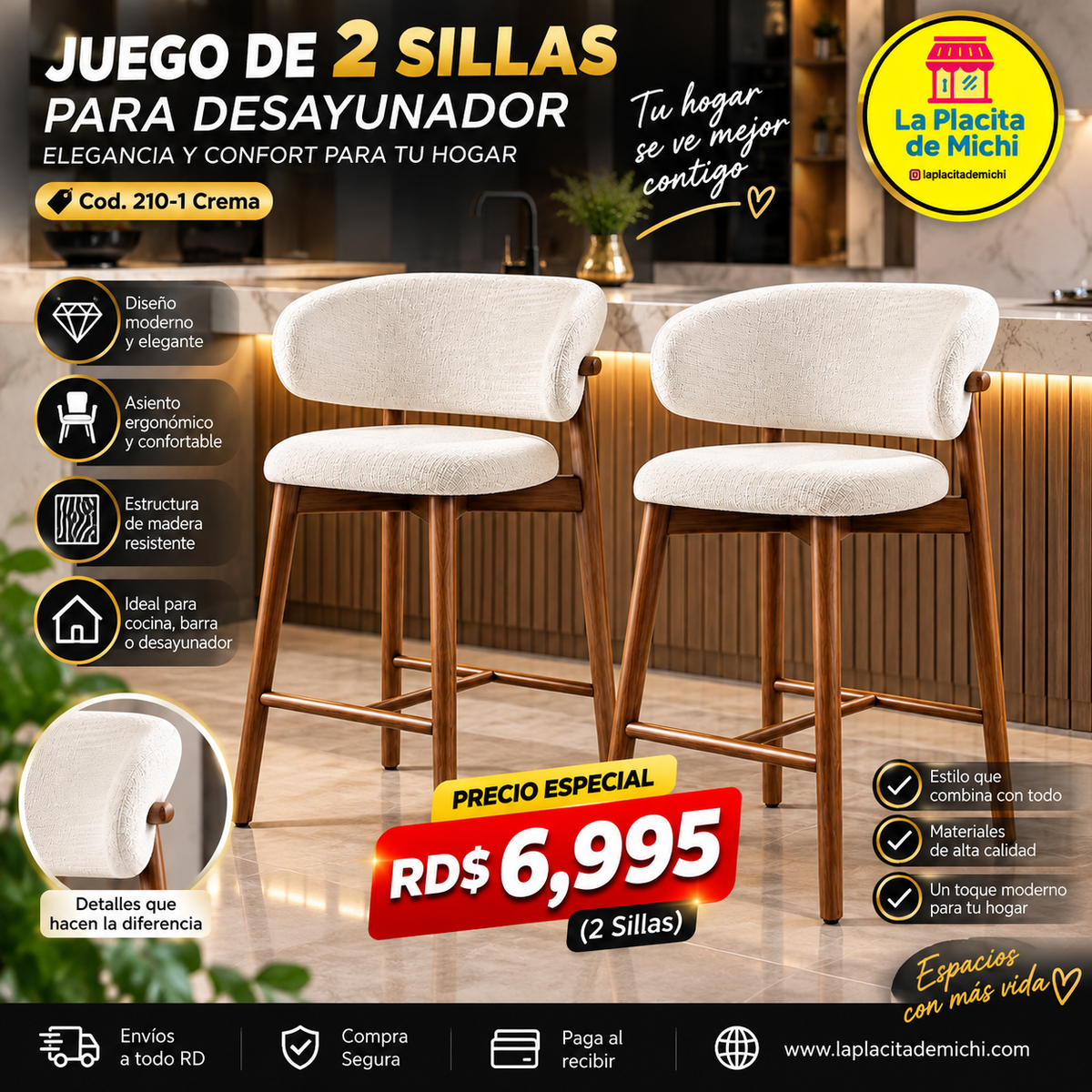 ✨ JUEGO DE (-2-) SILLAS PARA DESAYUNADOR – ELEGANCIA Y CONFORT PARA TU HOGAR ✨
📌 Diseño Moderno (Cod. 210-1 Crema )

💰RD$6,995 (2 Sillas)