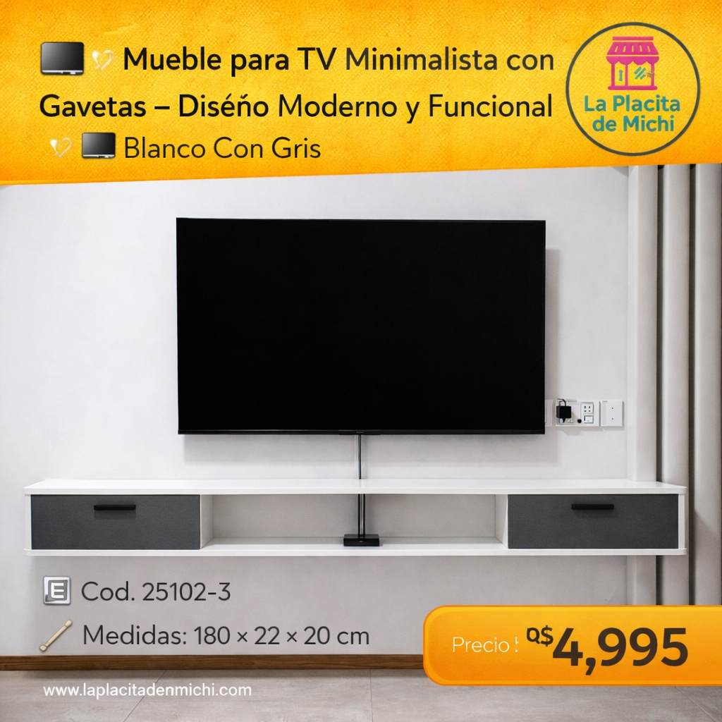 🖥️✨ Mueble para TV Minimalista con Gavetas – Diseño Moderno y Funcional ✨🖥️ Blanco Con Gris 
🆔 Cod. 25102-3
📏 Medidas: 180 × 22 × 20 cm

💰 Precio: RD$4,995