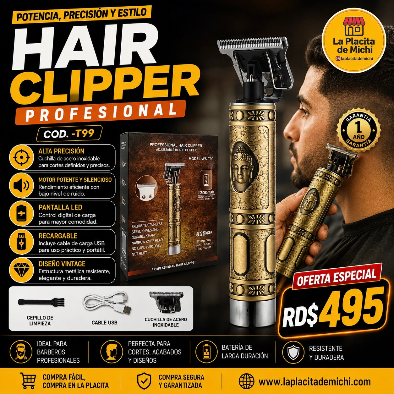 💈🔥 HAIR CLIPPER PROFESIONAL (Cod. -T99 ) – POTENCIA, PRECISIÓN Y ESTILO 🔥💈

💰 RD$495
