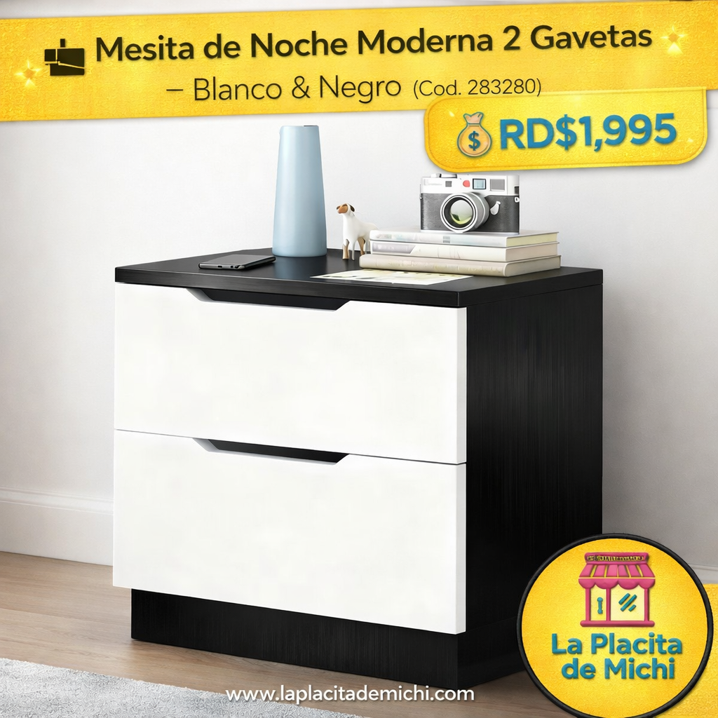 🗄️  Mesita de Noche Moderna 2 Gavetas – Blanco & Negro (Cod. 283280)

💰RD$1,995