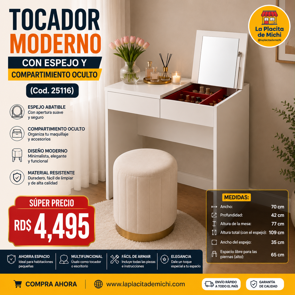 ✨🪞 TOCADOR MODERNO CON ESPEJO Y COMPARTIMIENTO OCULTO 🪞✨(Cod. 25116) 

💰RD$4,495