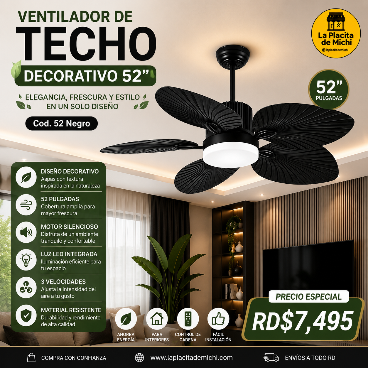 🌿✨ VENTILADOR DE TECHO DECORATIVO 52” – ELEGANCIA, FRESCURA Y ESTILO EN UN SOLO DISEÑO ✨🌿 (Cod. 52 Negro) 

💰RD$7,495