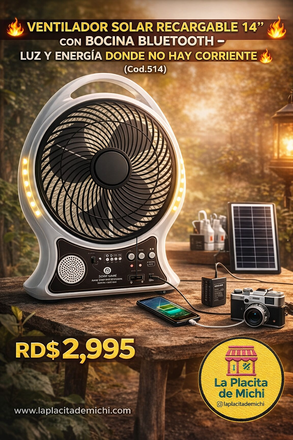 🌬️🔋 ABANICO RECARGABLE SOLAR 14” CON LUCES Y BOCINA 🔋🌬️
🆔 Modelo: EP-514 – Easy Power

💰RD$2,495