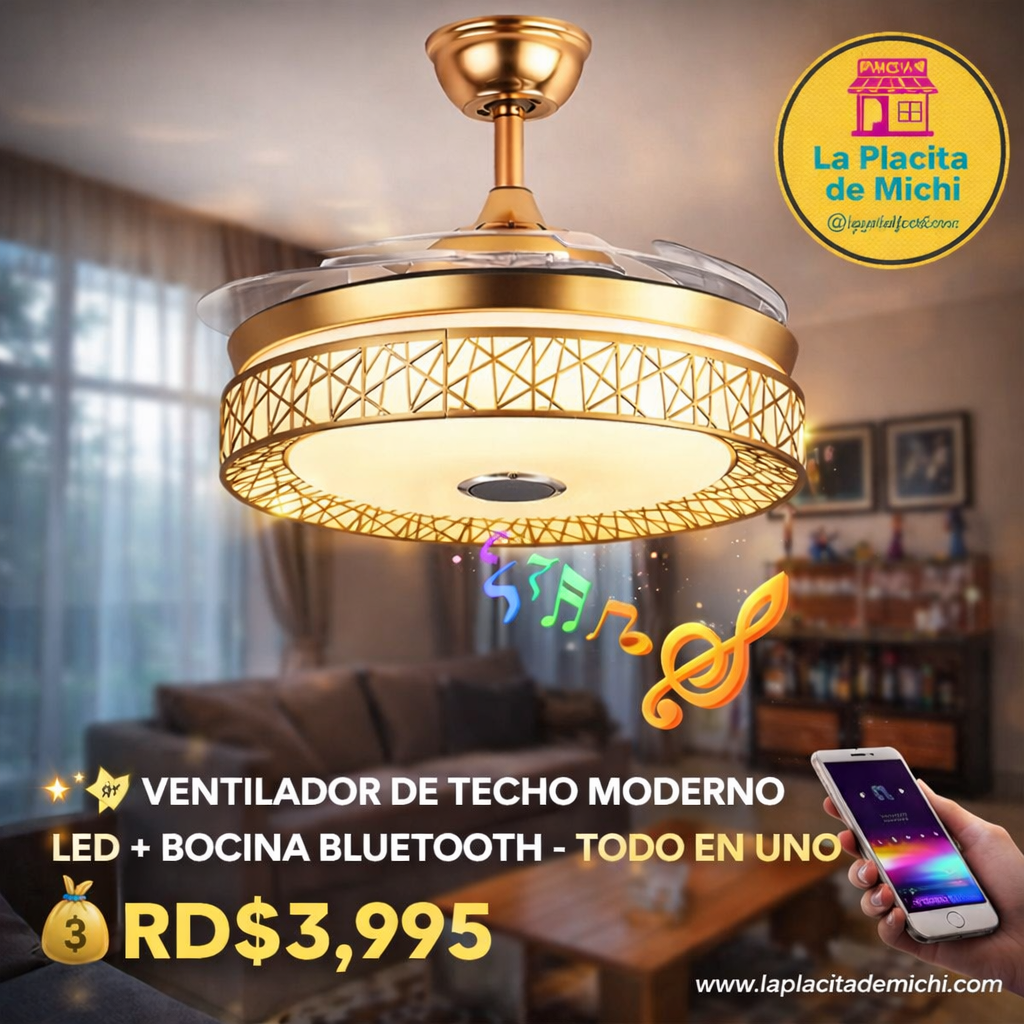 ✨💡 VENTILADOR DE TECHO MODERNO LED + BOCINA BLUETOOTH – TODO EN UNO 💡✨
📌 (Cod. 027)

💰RD$3,995