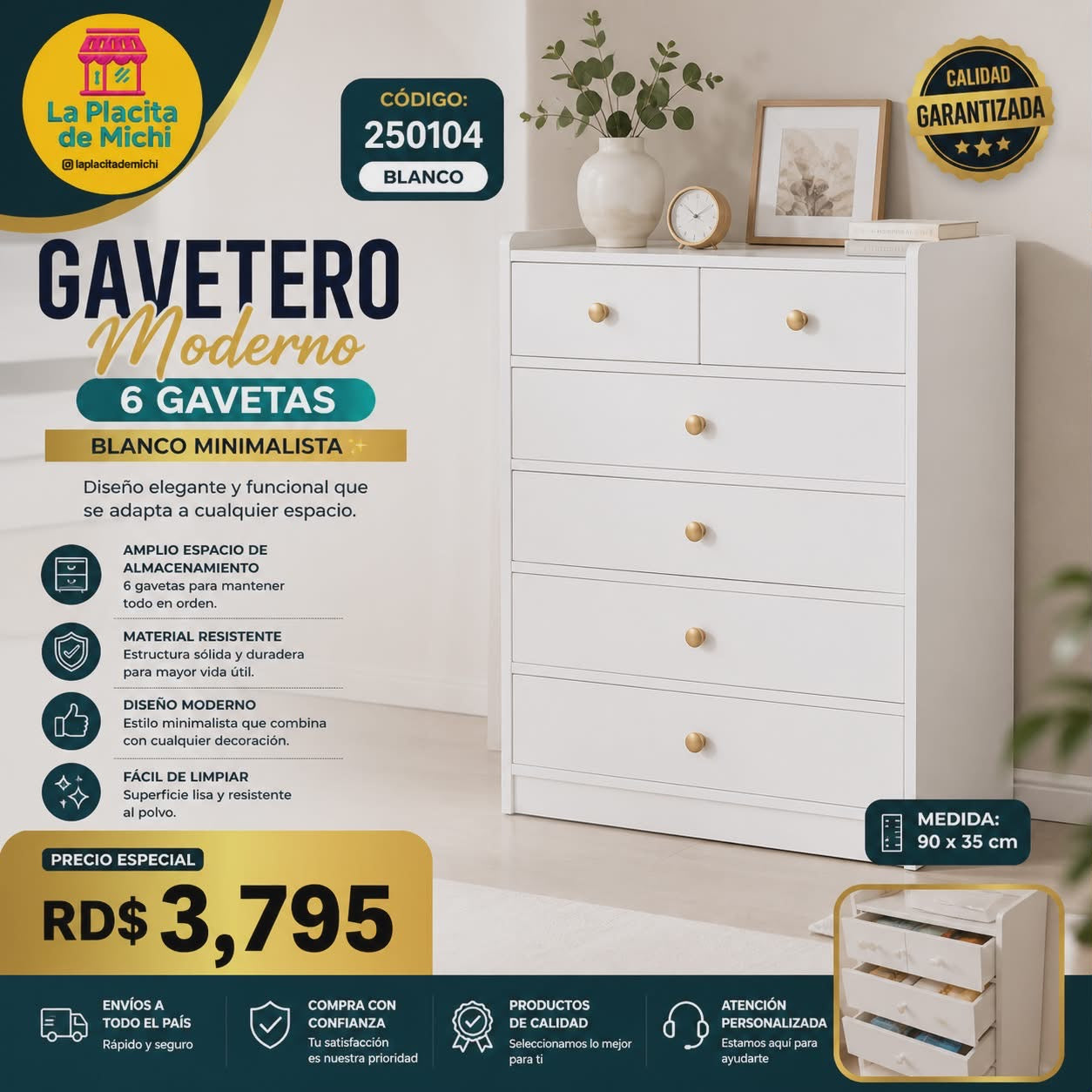✨ Gavetero Moderno 6 Gavetas – Blanco Minimalista ✨(Cod.250104 Blanco) 
(Medida 90x35cm)
💰RD$3,795