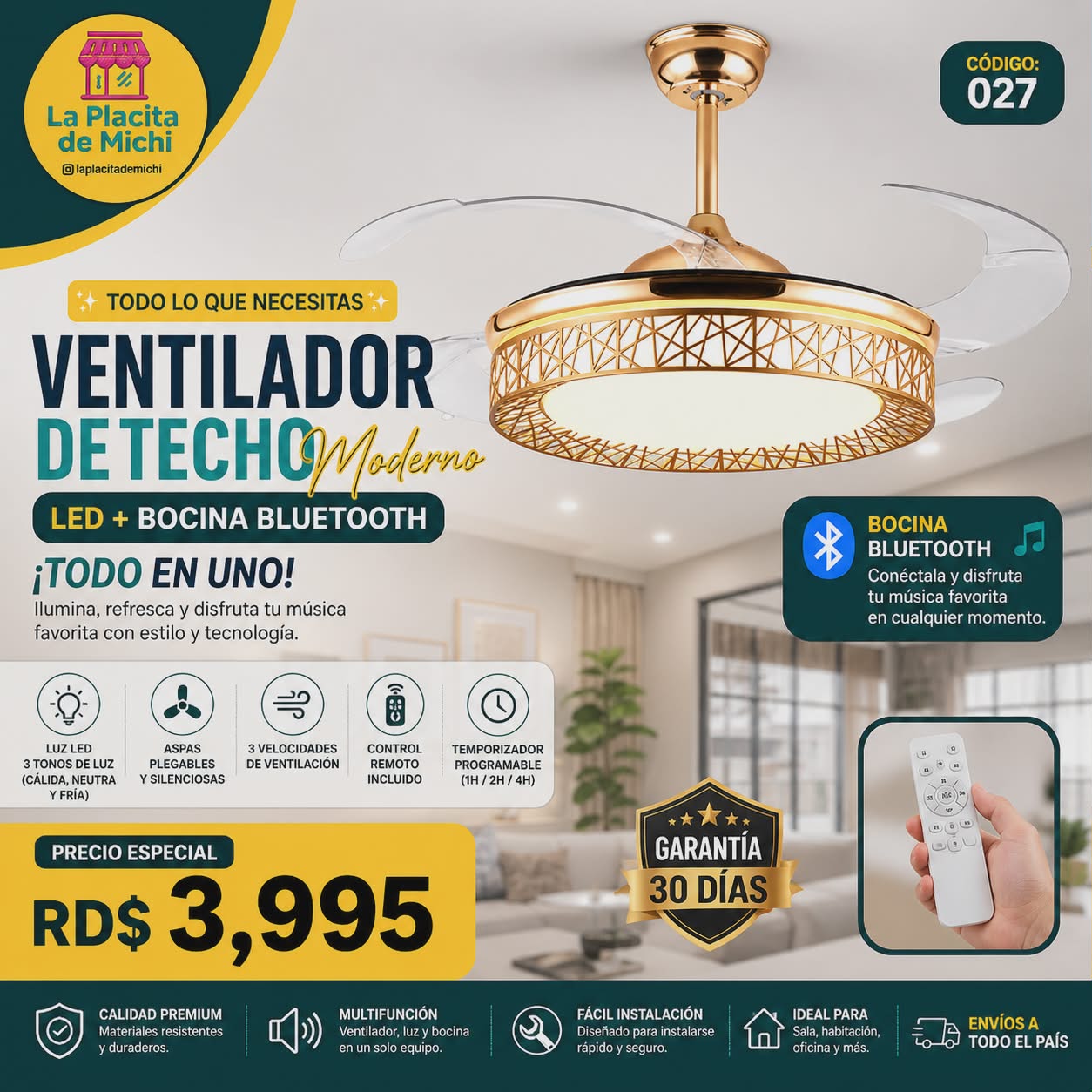 ✨💡 VENTILADOR DE TECHO MODERNO LED + BOCINA BLUETOOTH – TODO EN UNO 💡✨
📌 (Cod. 027)

💰RD$3,995