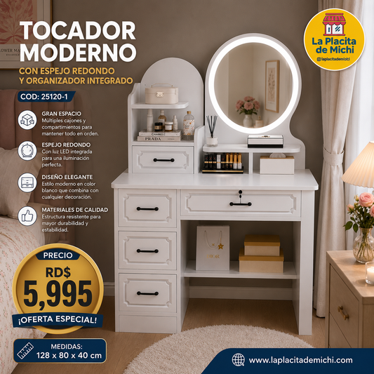 ✨🪞 TOCADOR MODERNO CON ESPEJO  REDONDO Y ORGANIZADOR INTEGRADO ✨🪞
🆔 (Cod. 25120-1)

💰RD$5,995 

📏 Medidas: 128 x 80 x 40 cm