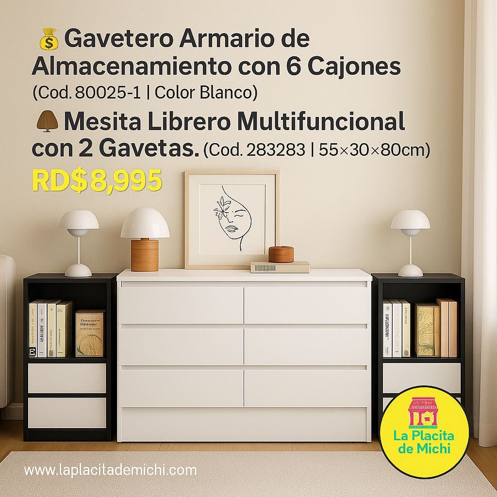 🧺 Combo Gavetero Armario de Almacenamiento con 6 Cajones
(Cod. 80025-1 | Color Blanco )

🪵 Mesita Librero Multifuncional con 2 Gavetas.
(Cod. 283283 | 55×30×80cm | Color Negro)

💰RD$8,995