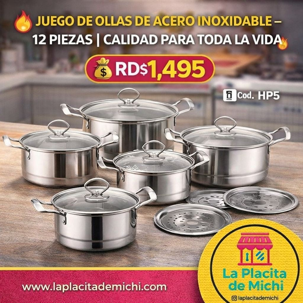 🔥 JUEGO DE OLLAS DE ACERO INOXIDABLE – 12 PIEZAS | CALIDAD PARA TODA LA VIDA 🔥
🆔 Cod. HP5

💰 RD$1,495