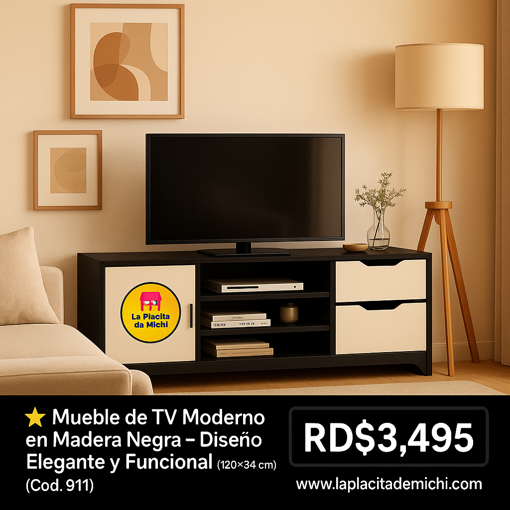 ⭐ Mueble de TV Moderno en Madera Negra – Diseño Elegante y Funcional (120×30×42 cm) (Cod. 911)

💰 RD$3,495