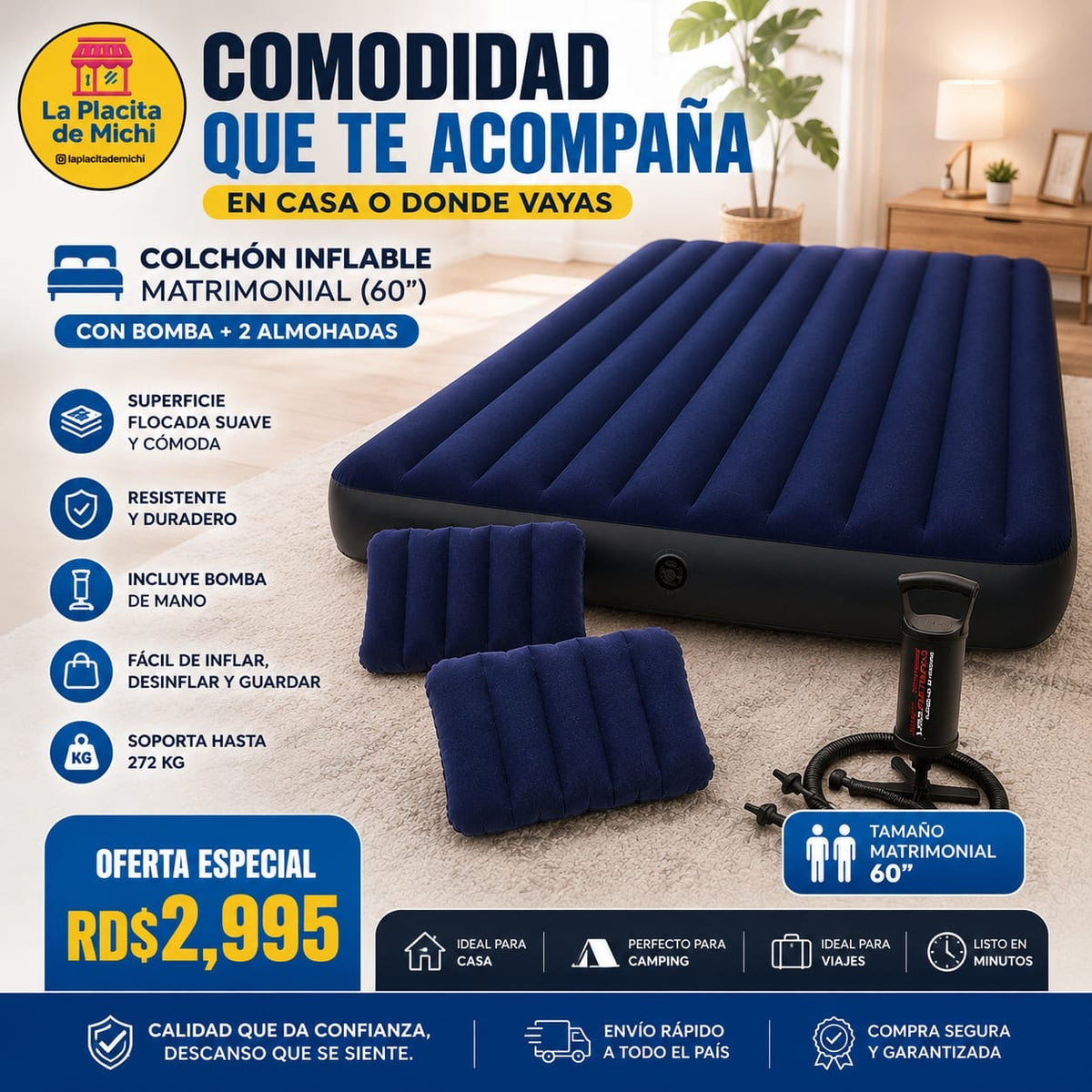 🛏️🔥 COLCHÓN INFLABLE MATRIMONIAL 60” + BOMBA + 2 ALMOHADAS ¡TODO INCLUIDO! 🔥🛏️
1.5m x 2.03m x25cm

💰 RD$2,995