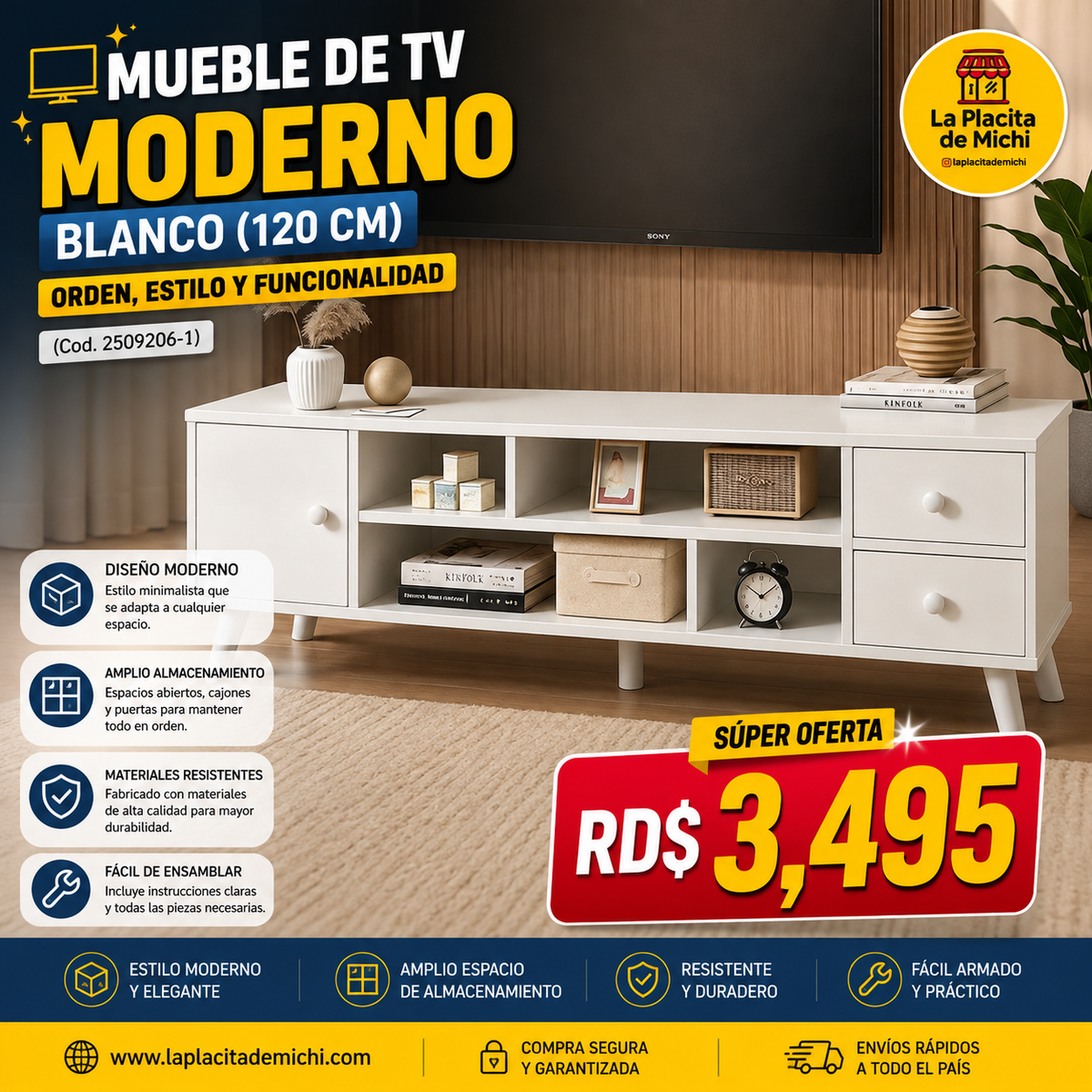 🖥️✨ MUEBLE DE TV MODERNO BLANCO (120 CM) – ORDEN, ESTILO Y FUNCIONALIDAD ✨🖥️ (Cod. 2509206-1)

💰RD$3,495