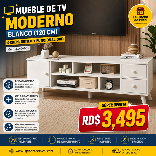 🖥️✨ MUEBLE DE TV MODERNO BLANCO (120 CM) – ORDEN, ESTILO Y FUNCIONALIDAD ✨🖥️ (Cod. 2509206-1)

💰RD$3,495