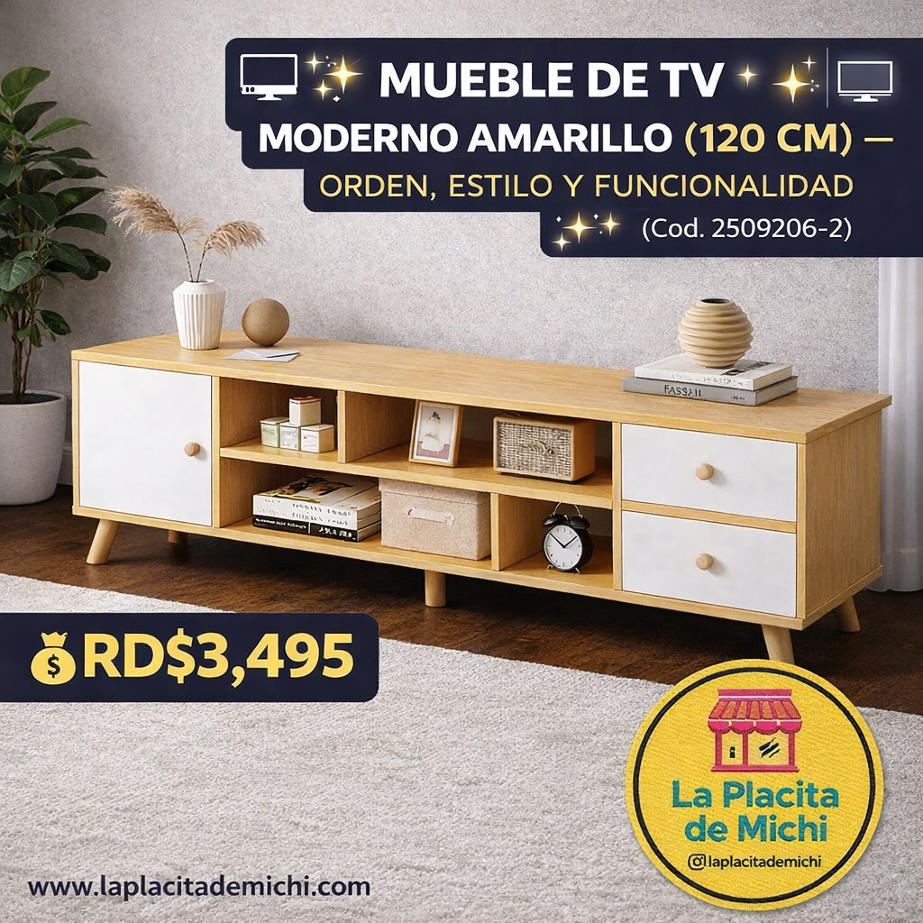 🖥️✨ MUEBLE DE TV MODERNO AMARILLO 120 CM – ESTILO QUE ORGANIZA ✨🖥️ 🆔 Cod. 2509206-2

💰 RD$3,495