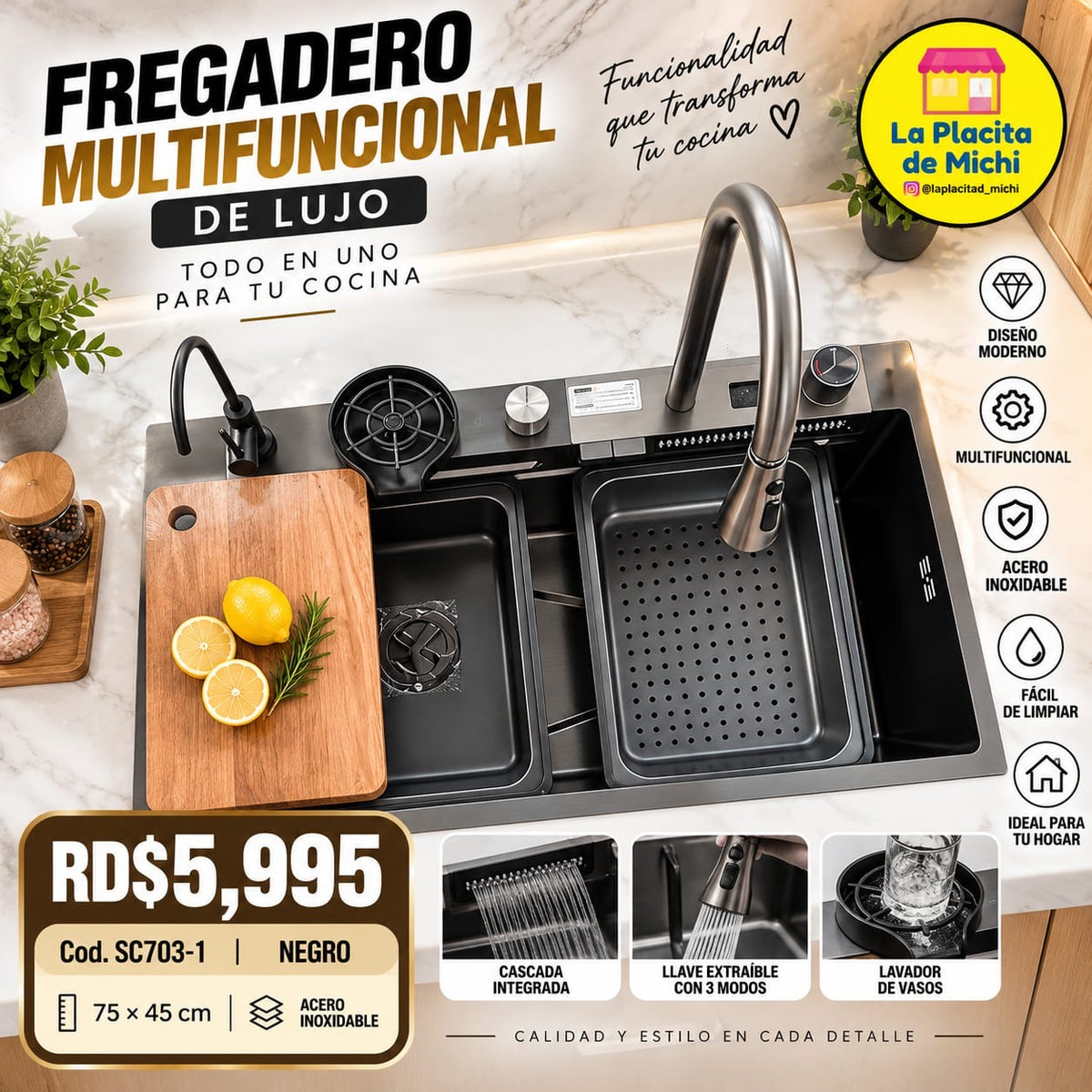 ✨🚿 FREGADERO MULTIFUNCIONAL DE LUJO – TODO EN UNO PARA TU COCINA 🚿✨
🆔 Modelo: SC703-1 (NEGRO)
📏 Medida: 75 × 45 cm
🎨 Color: Negro (Acero inoxidable)

💰 Precio: RD$5,995