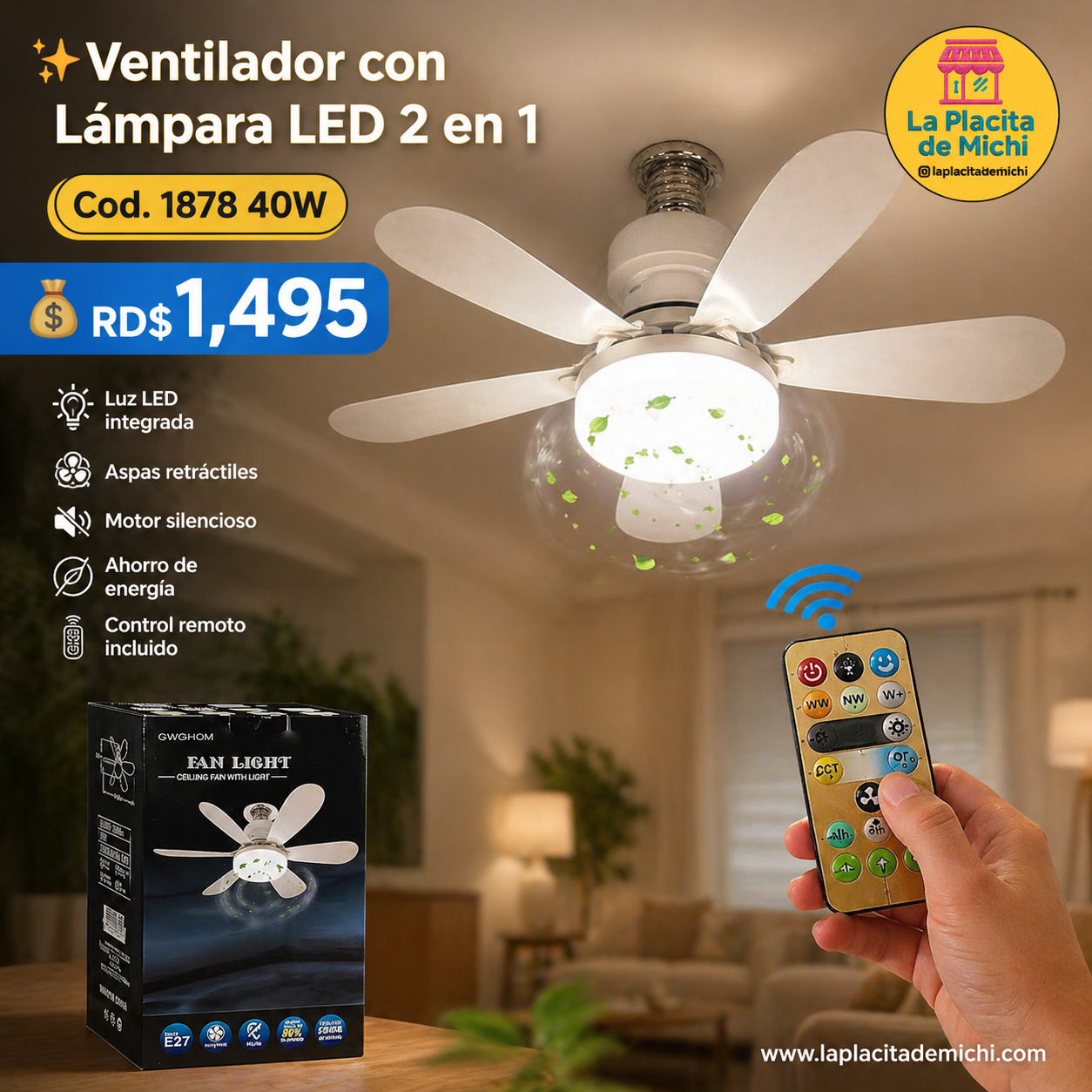 ✨ Ventilador con Lámpara LED 2 en 1 (Cod. 1878 40W)✨ 

💰RD$1,495