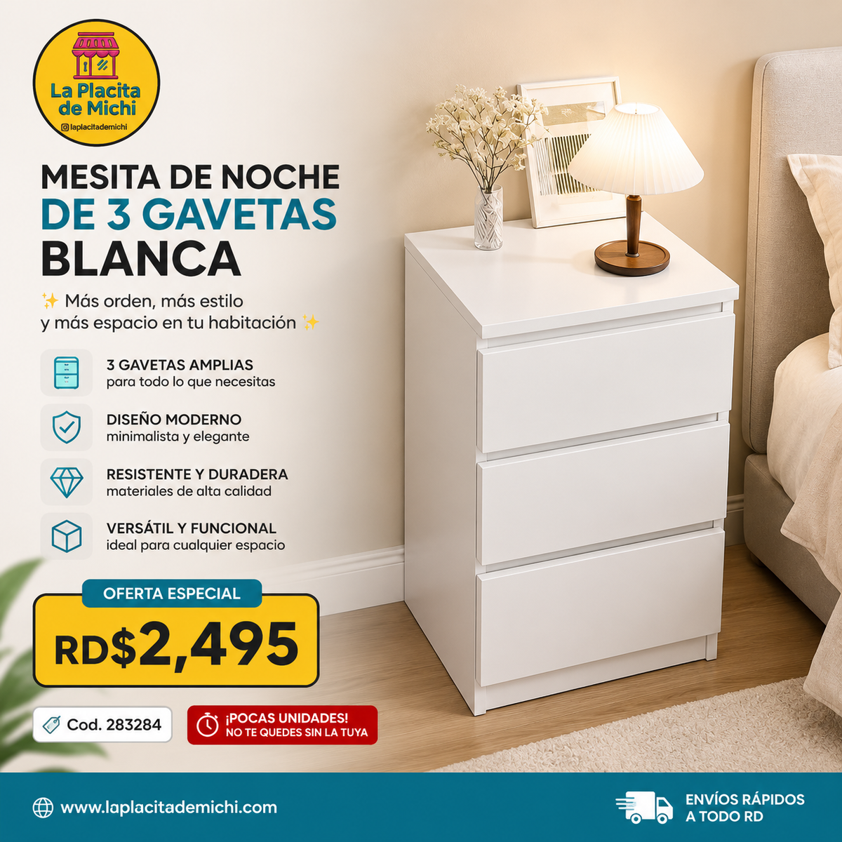 ✨🛏️ MESITA DE NOCHE DE 3 GAVETAS BLANCA – MÁS ORDEN, MÁS ESTILO Y MÁS ESPACIO EN TU HABITACIÓN ✨🛏️

🆔 Cod. 283284

💰 RD$2,495 c/u.  MEDIDAS (32x30x59cm)