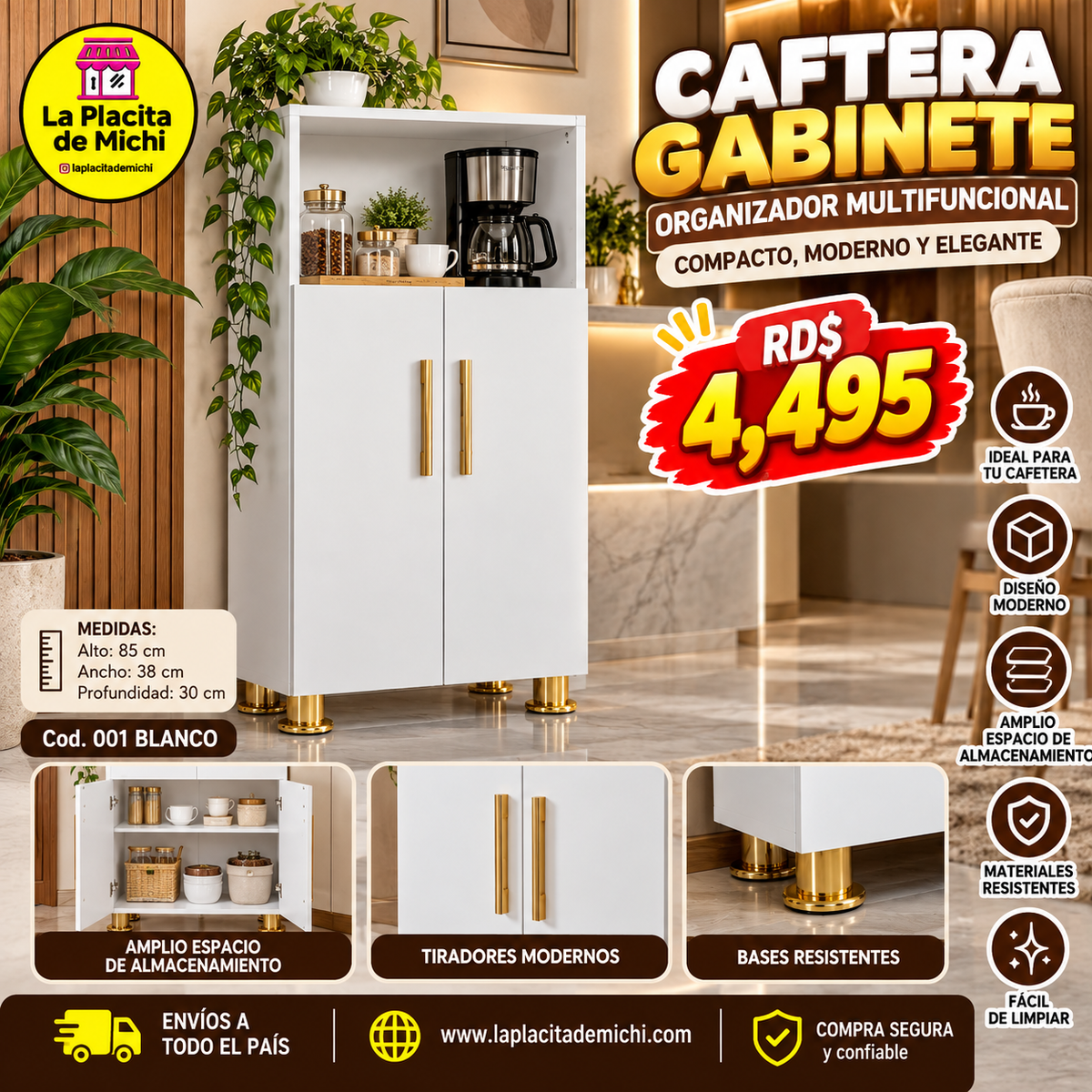 ✨🗄️ CAFETERA GABINETE ORGANIZADOR MULTIFUNCIONAL – COMPACTO, MODERNO Y ELEGANTE 🗄️✨(Cod. 001 BLANCO) 

💰RD$4,495 

📐 85 × 38 × 30 cm (Alto × Ancho × Profundidad)

- Material: HIDROFUGO (Producto Armado