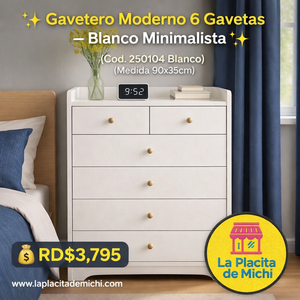 ✨ Gavetero Moderno 6 Gavetas – Blanco Minimalista ✨(Cod.250104 Blanco) 
(Medida 90x35cm)
💰RD$3,795