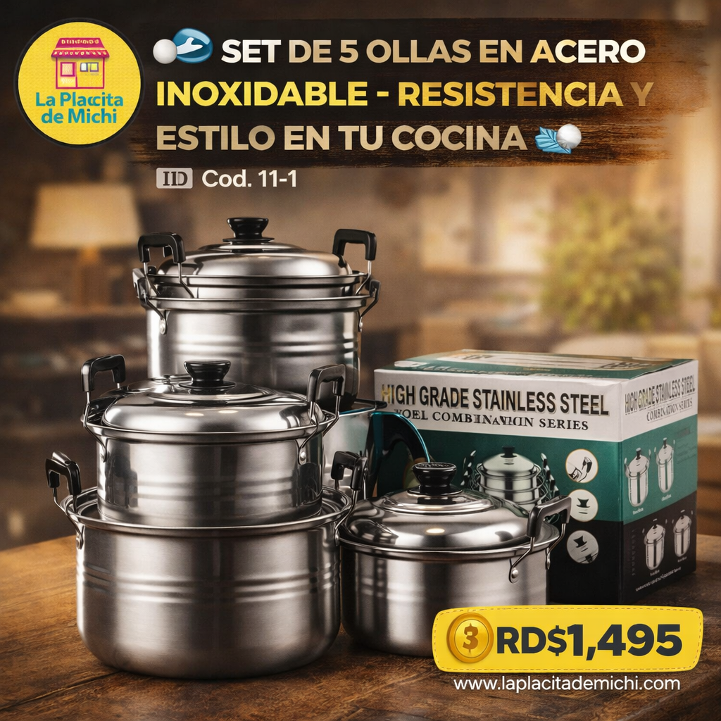 🍳✨ SET DE 5 OLLAS EN ACERO INOXIDABLE – RESISTENCIA Y ESTILO EN TU COCINA ✨🍳
🆔 Cod. 11-1

💰 RD$1,495