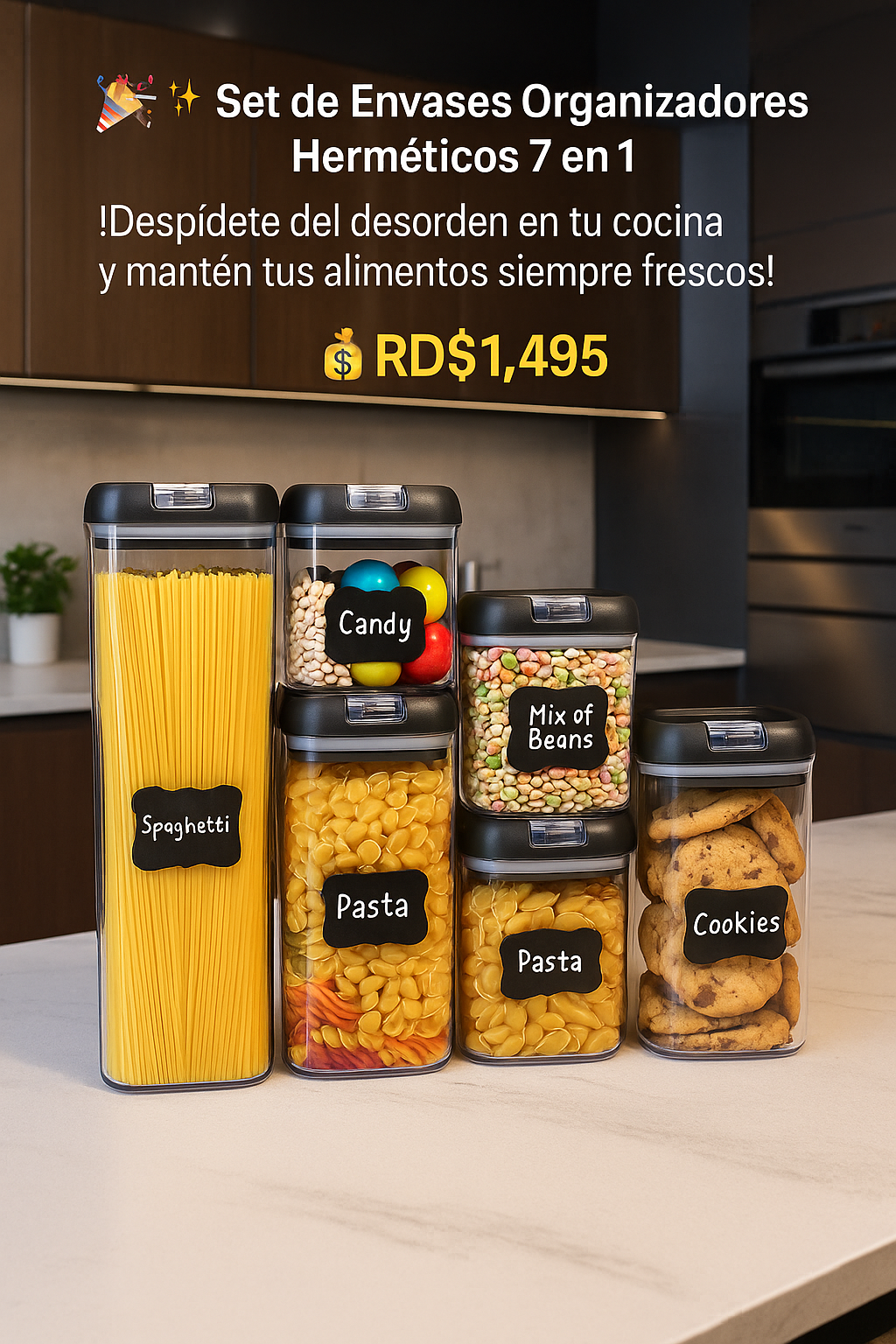 🥳✨ Set de Envases Organizadores Herméticos  7 en 1 ✨🥳

¡Despídete del desorden en tu cocina y mantén tus alimentos siempre frescos! 🥖🍪🍬