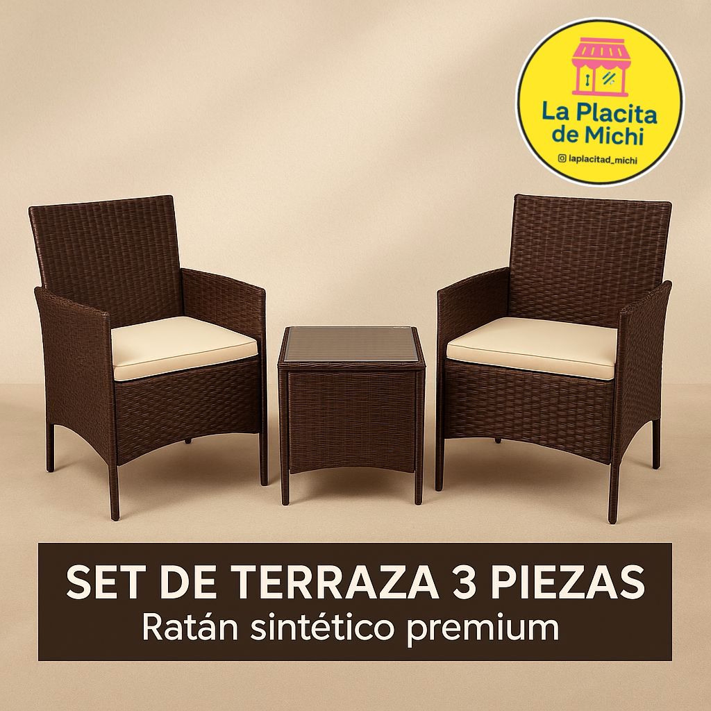 ⭐ Set de Terraza 3 Piezas – Ratán Sintético Premium (Cod.881108-3 Marrón) 

💰 RD$8,995