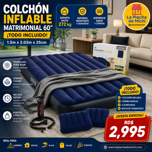 🛏️🔥 COLCHÓN INFLABLE MATRIMONIAL 60” + BOMBA + 2 ALMOHADAS ¡TODO INCLUIDO! 🔥🛏️
1.5m x 2.03m x25cm

💰 RD$2,995