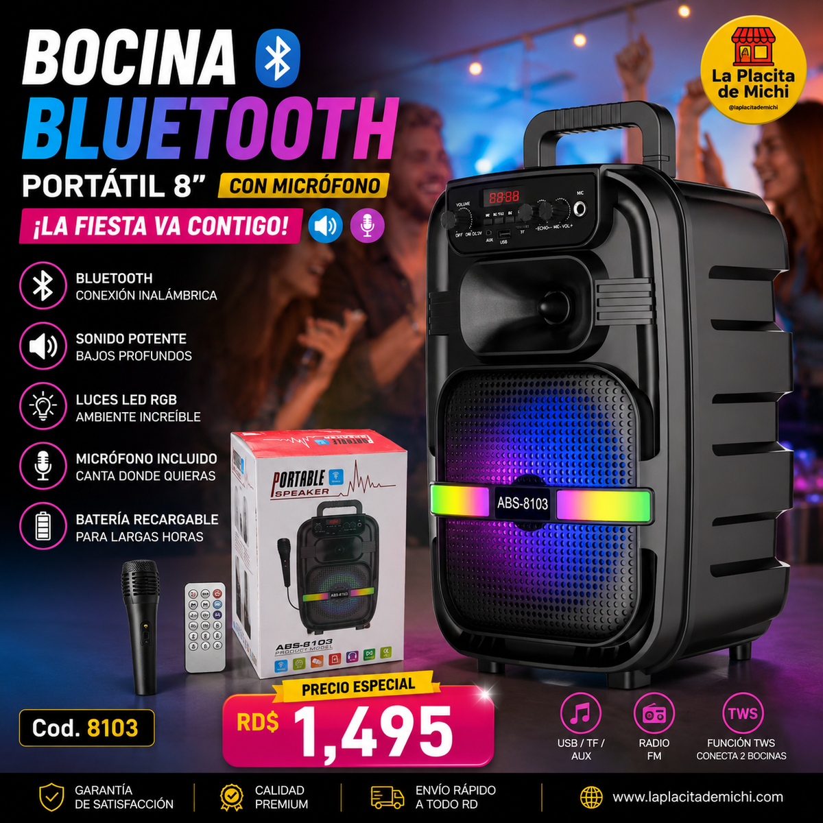 🎤🔊 BOCINA BLUETOOTH PORTÁTIL 8” CON MICRÓFONO – ¡LA FIESTA VA CONTIGO! 🔊🎤

🆔 Cod. 8103

💰 RD$1,495