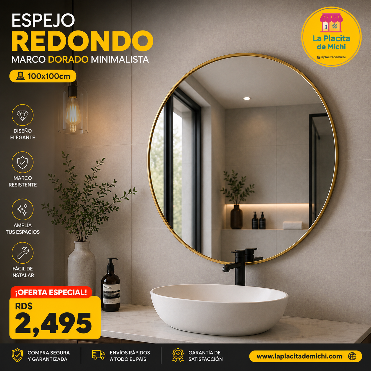 🪞 Espejo Redondo – Marco Dorado  Minimalista (100x100cm) 

💰RD$2,495