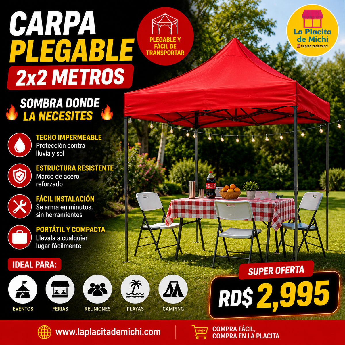 ⛺🔥 CARPA PLEGABLE 2x2 METROS ROJA 🔴 – SOMBRA DONDE LA NECESITES 🔥⛺

💰RD$2,995