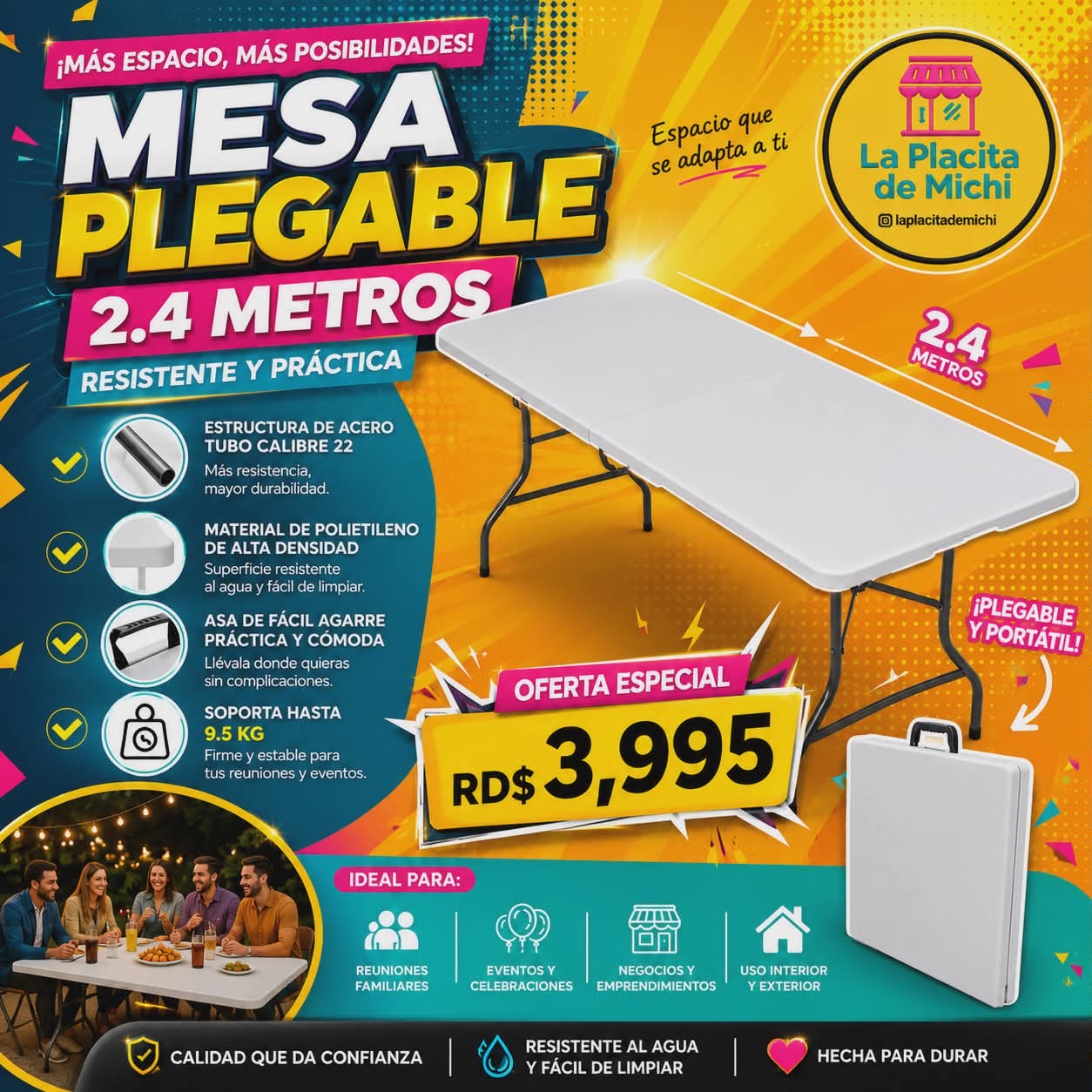 🪑 MESA PLEGABLE 2.4 METROS – RESISTENTE Y PRÁCTICA

💰 RD$3,995