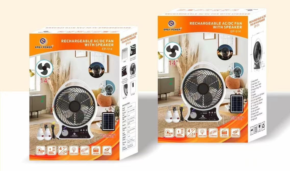 Abanico Recargable Con Panel Solar y Eléctrico Con Bombillos y Bluetooth (14 Pulgadas)