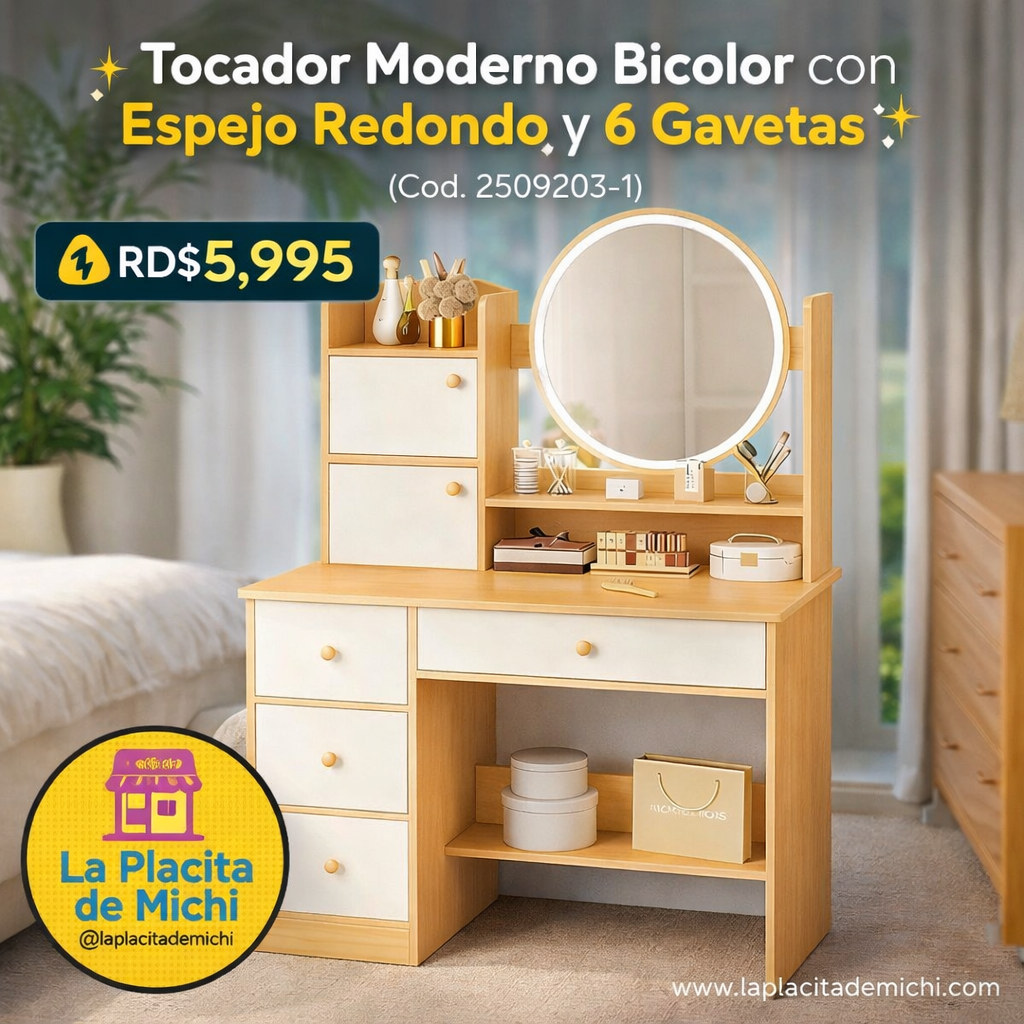 ✨ Tocador Moderno Bicolor con Espejo Redondo y 6 Gavetas ✨(Cod. 2509203-1)

💰RD$5,995