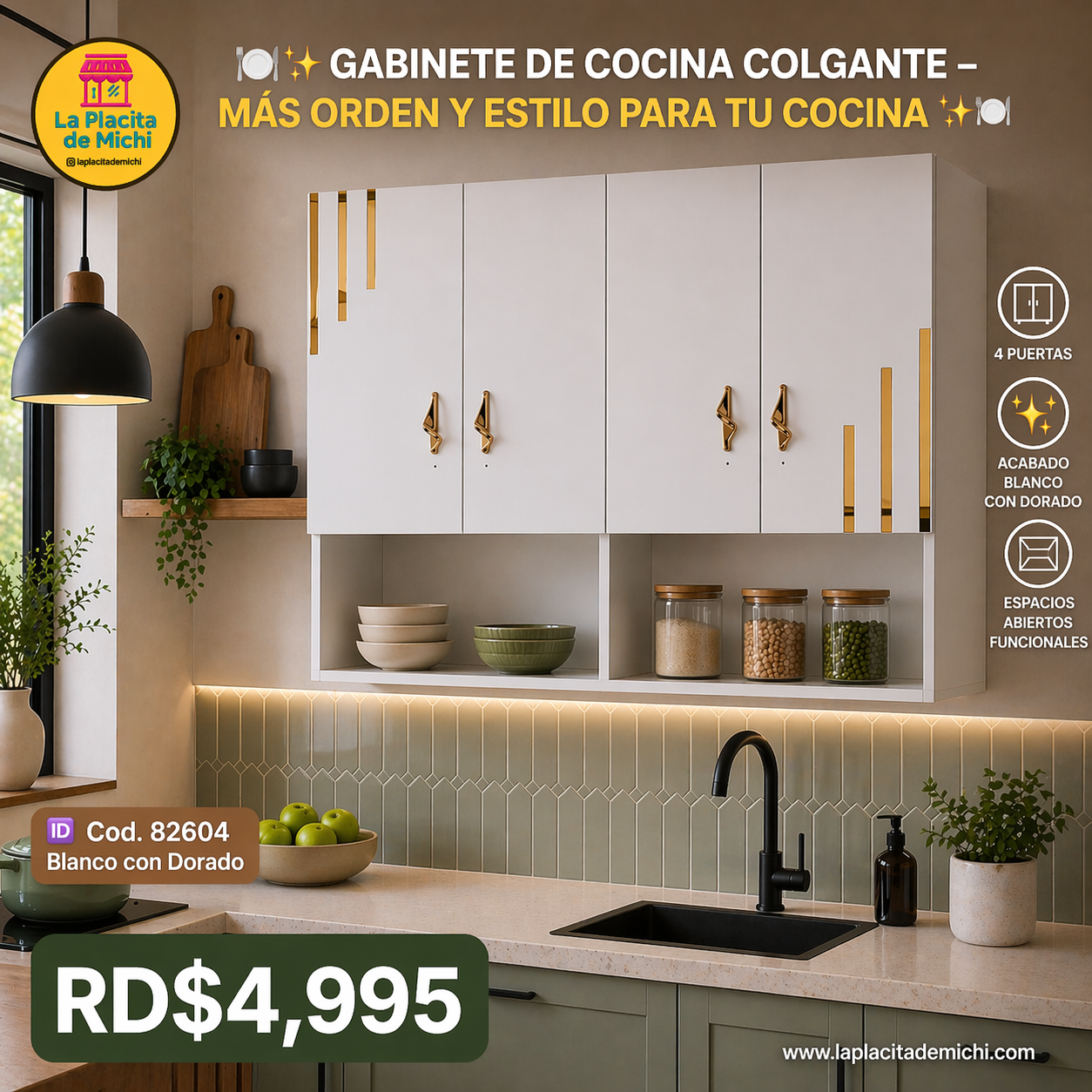 🍽️✨ GABINETE DE COCINA COLGANTE – MÁS ORDEN Y ESTILO PARA TU COCINA ✨🍽️

🆔 Cod. 82604 Blanco con Dorado 

💰RD$4,995