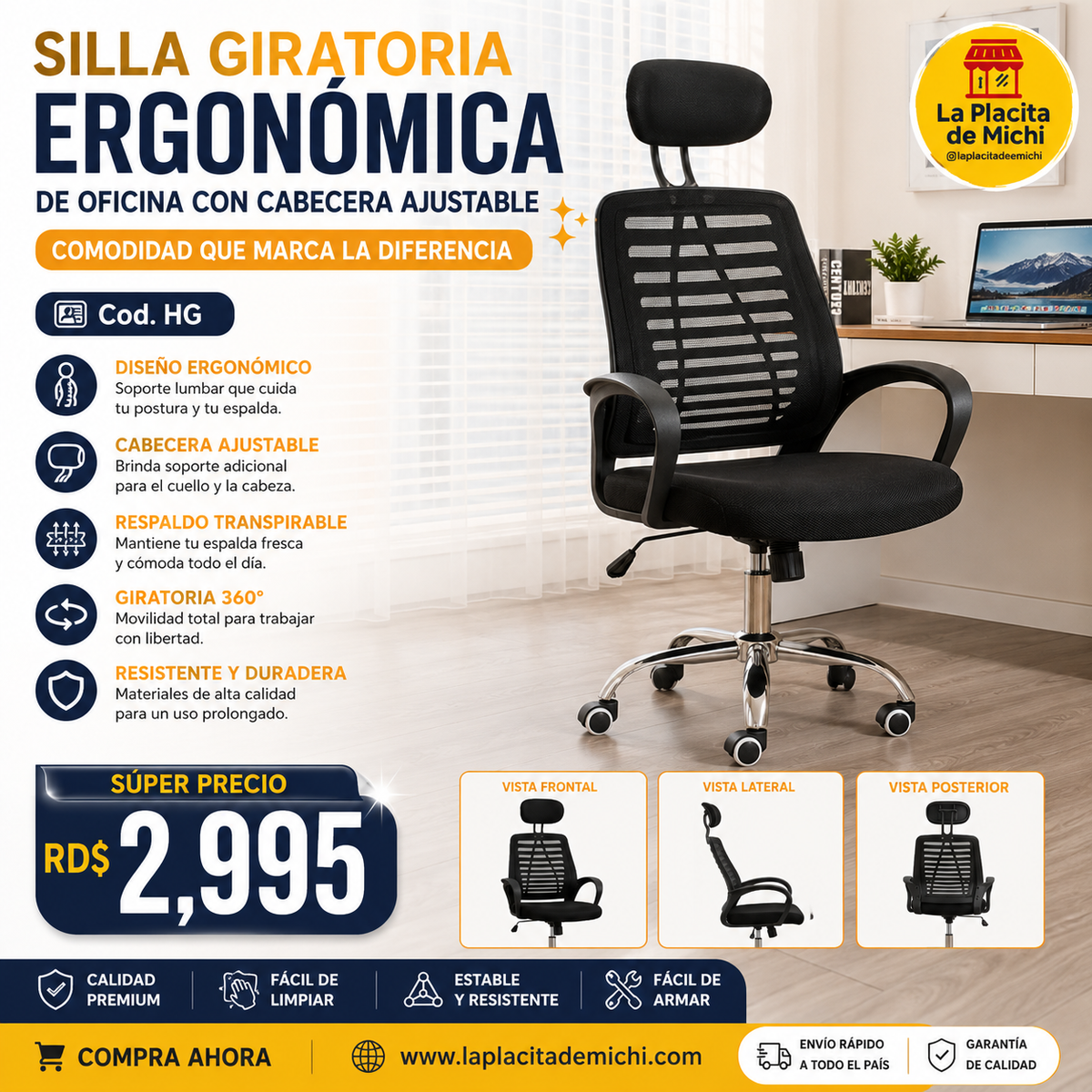 🪑✨ SILLA GIRATORIA ERGONÓMICA DE OFICINA CON CABECERA AJUSTABLE – COMODIDAD QUE MARCA LA DIFERENCIA ✨🪑

🆔 Cod. HG

💰 RD$2,995