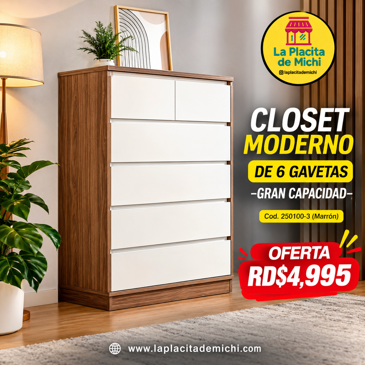 🗄️✨ CLOSET MODERNO DE 6 GAVETAS –GRAN CAPACIDAD ✨🗄️ 

🆔 Cod. 250100-3 (Marrón) 
💰 RD$4,995