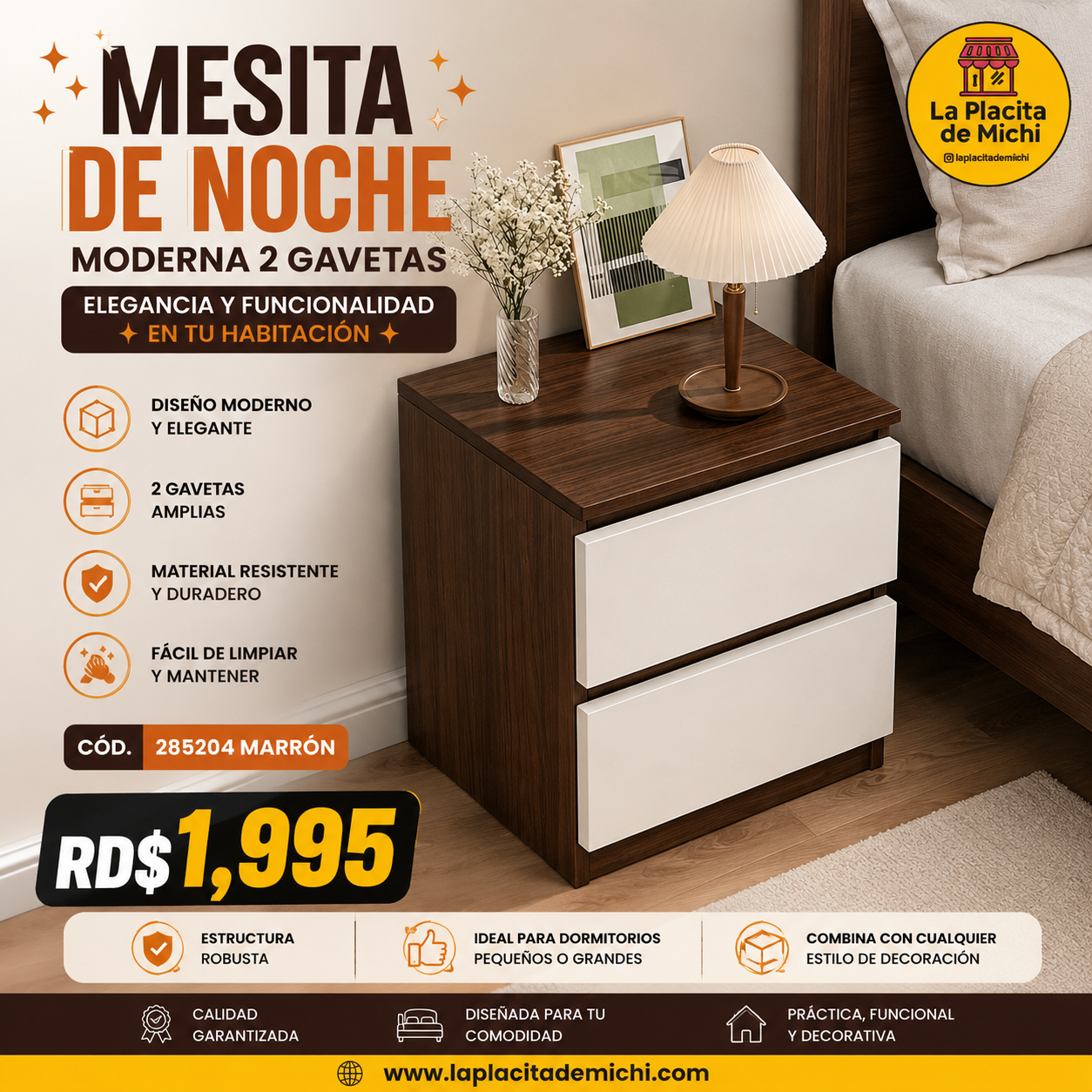 🛏️✨ MESITA DE NOCHE MODERNA 2 GAVETAS – ELEGANCIA Y FUNCIONALIDAD EN TU HABITACIÓN ✨🛏️

🆔 Cod. 285204 MARRÓN 

💰 RD$1,995