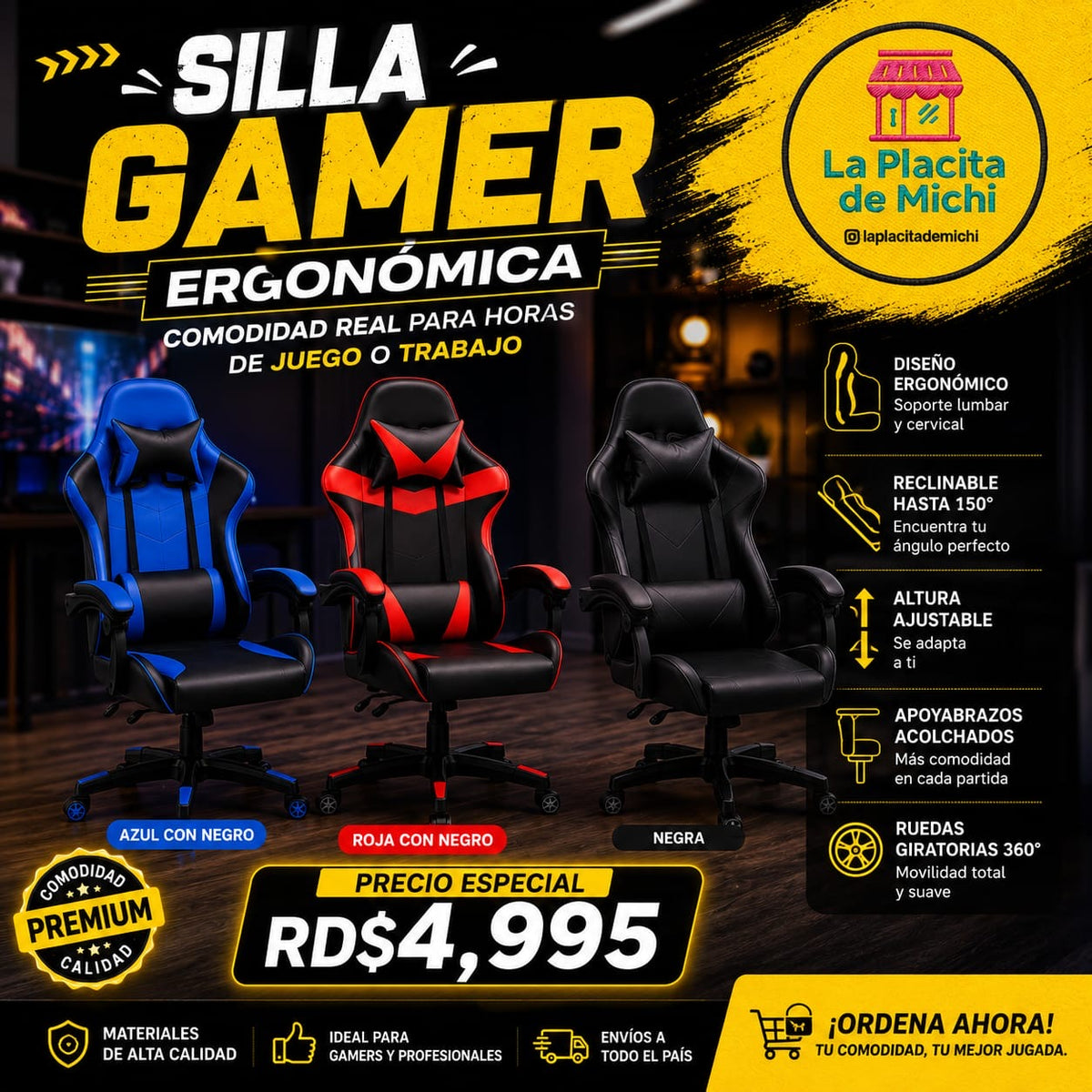 🎮🔥 SILLA GAMER ERGONÓMICA – COMODIDAD REAL PARA HORAS DE JUEGO O TRABAJO 🔥🎮
🎨 Color: Negro con Rojo

💰 Precio: RD$4,995