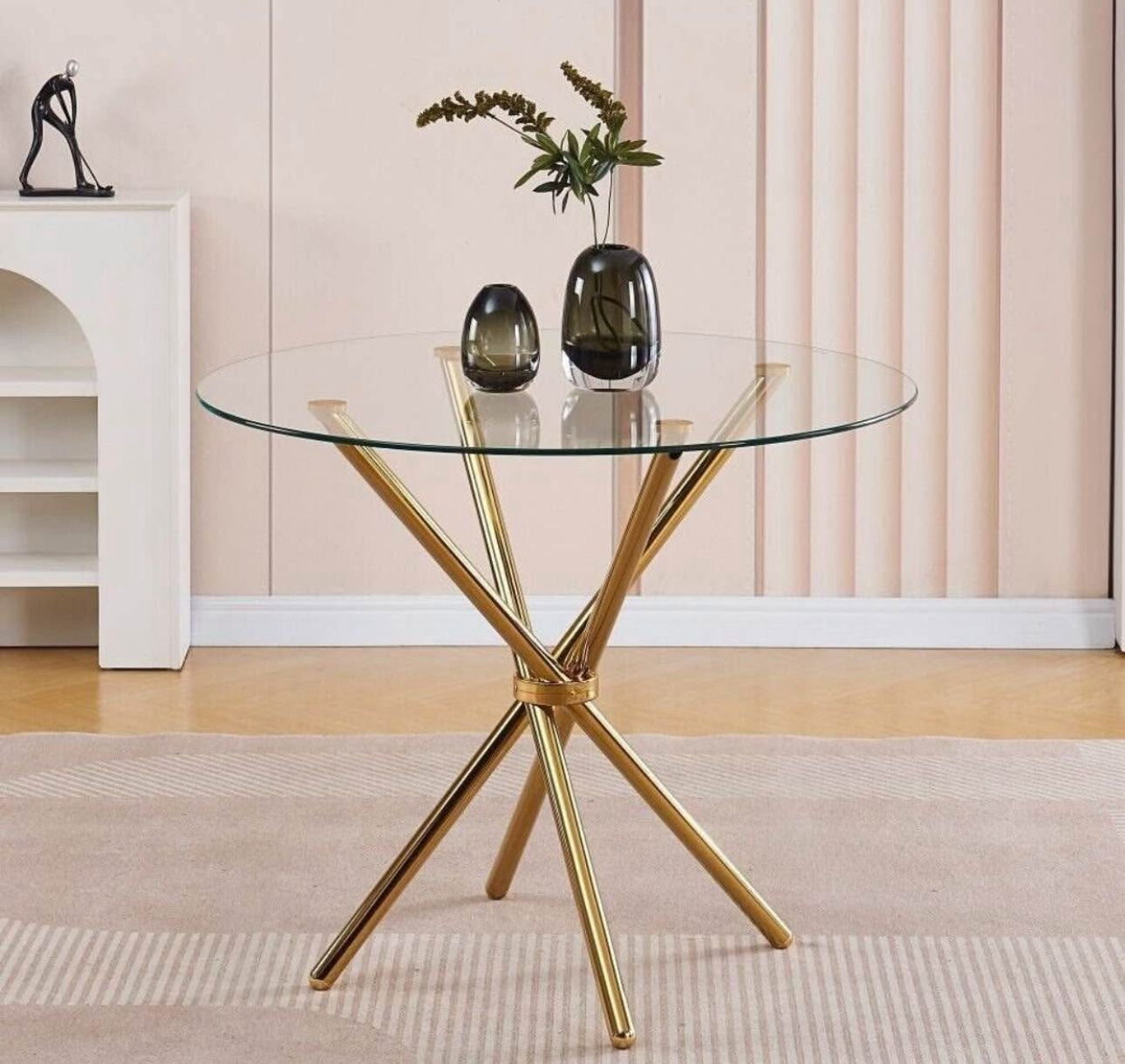 ✨ Mesa Redonda Moderna de Vidrio con Base Dorada ✨
(Cod.081-1)