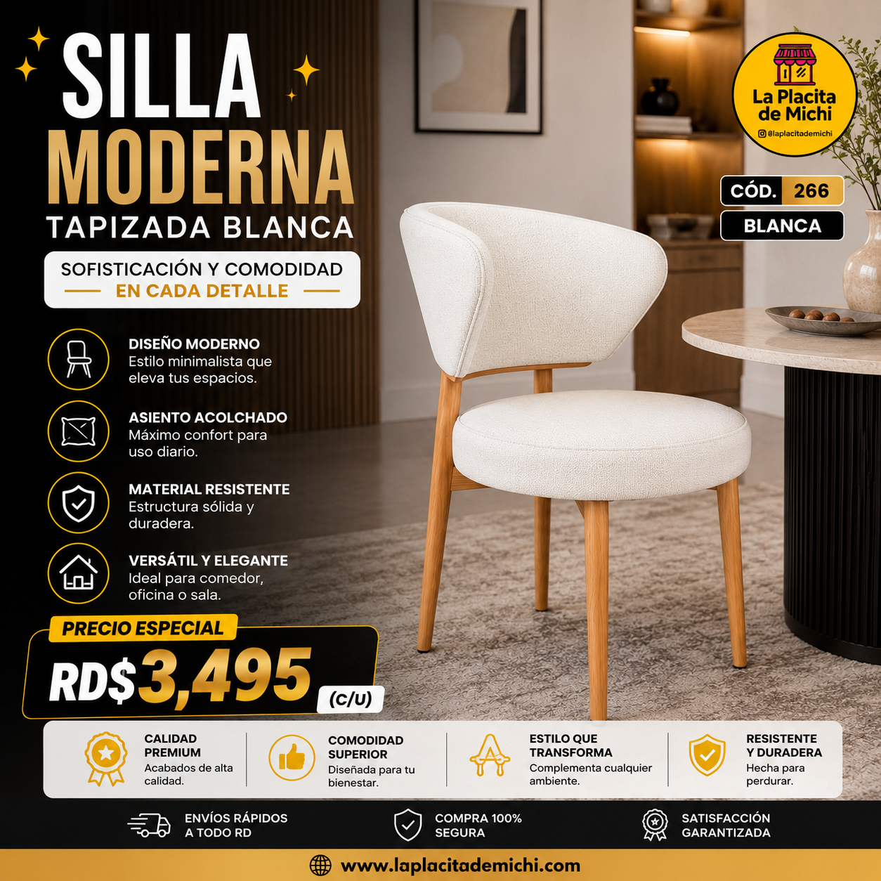 🪑🤍 SILLA MODERNA TAPIZADA NEGRA – SOFISTICACIÓN Y COMODIDAD EN CADA DETALLE 🤍🪑

🆔 Cod. 266 BLANCA

💰 RD$3,495 (c/u)