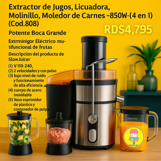 Extractor de Jugos, Licuadora, Molinillo, Moledor de Carnes -850W- (4 en 1) (Cod.808)