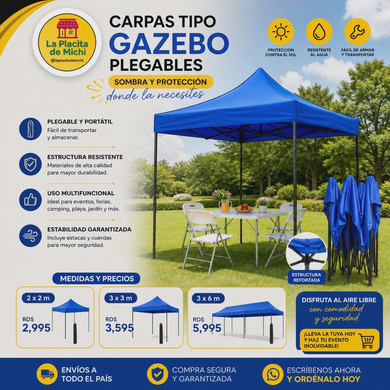 🌤️ Carpa Toldo Plegable Reforzada 3x3m 🔹
💰 RD$3,595