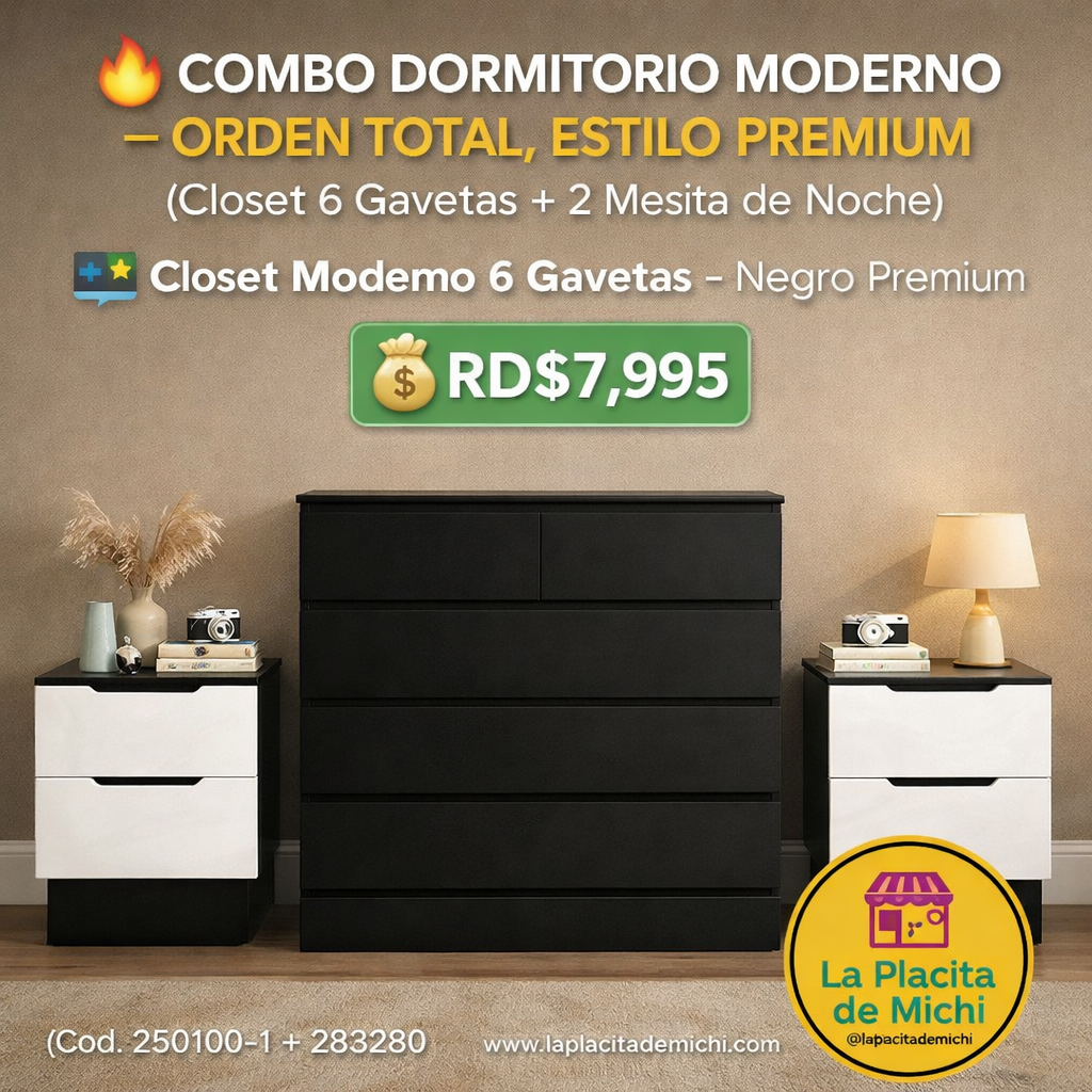 🔥 COMBO DORMITORIO MODERNO – ORDEN TOTAL, ESTILO PREMIUM 🔥

(Closet 6 Gavetas + 2 Mesita de Noche)

🗄️ Closet Moderno 6 Gavetas – Negro Premium

Cod. 250100-1 + 283280 

💰RD$7,995