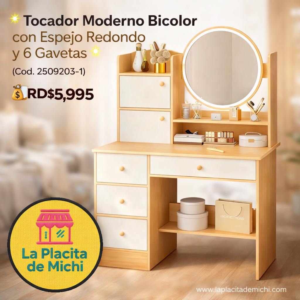✨ Tocador Moderno Bicolor con Espejo Redondo y 6 Gavetas ✨(Cod. 2509203-1)

💰RD$5,995