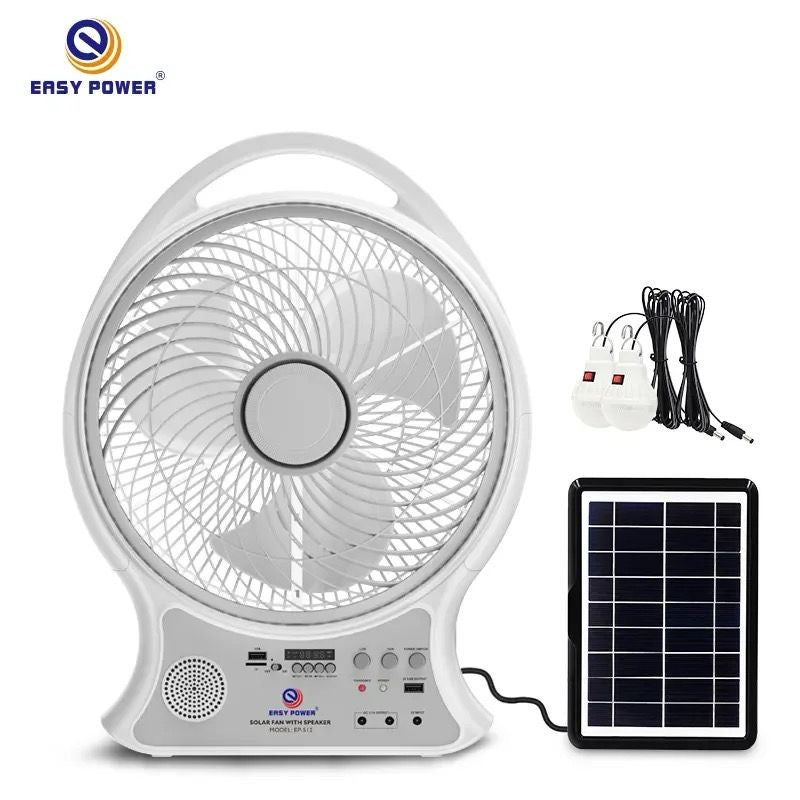 Abanico Recargable Con Panel Solar y Eléctrico Con Bombillos y Bluetooth (14 Pulgadas)