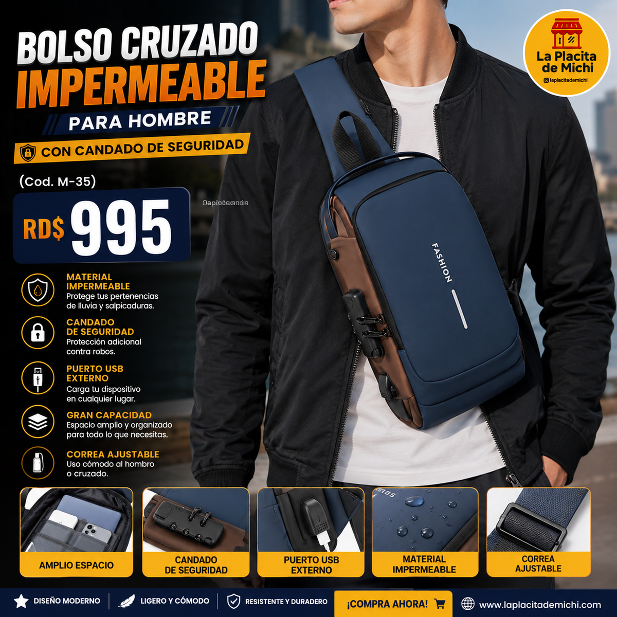 🔥 BOLSO CRUZADO IMPERMEABLE PARA HOMBRE CON CANDADO DE SEGURIDAD 🔥
🆔 Cod. M-35

💰 RD$995