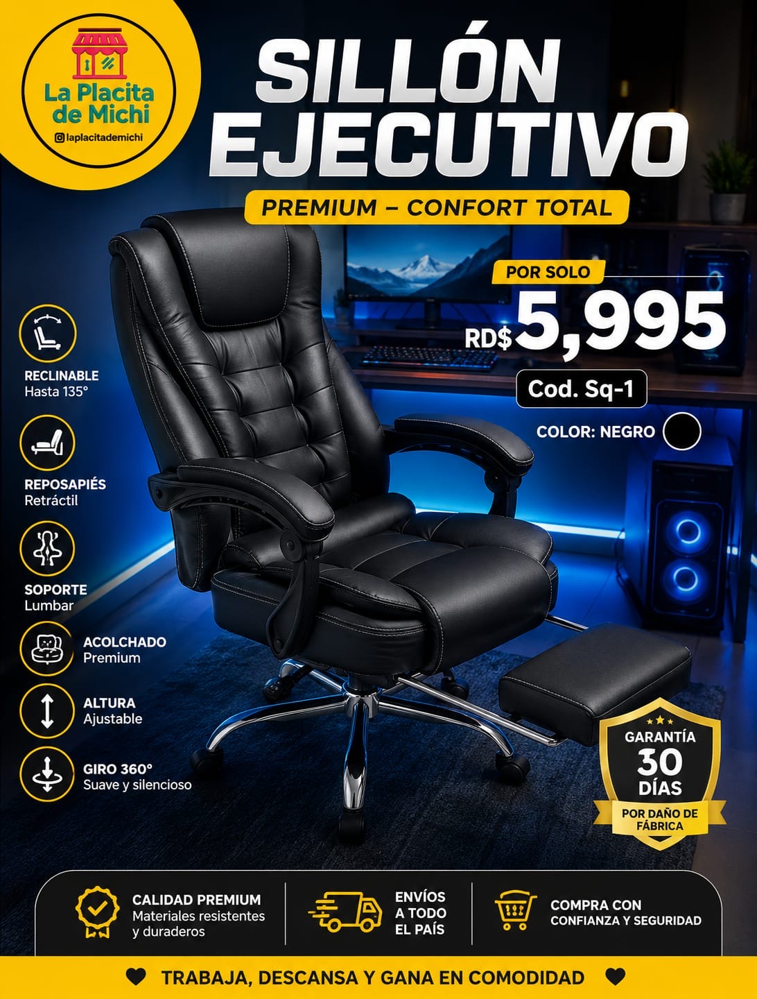 🔥 SILLON EJECUTIVO  CON REPOSAPIÉS / PREMIUM – CONFORT TOTAL 🔥 (Cod.Sq-1) (Color Negro)⚫️

💰RD$5,995
