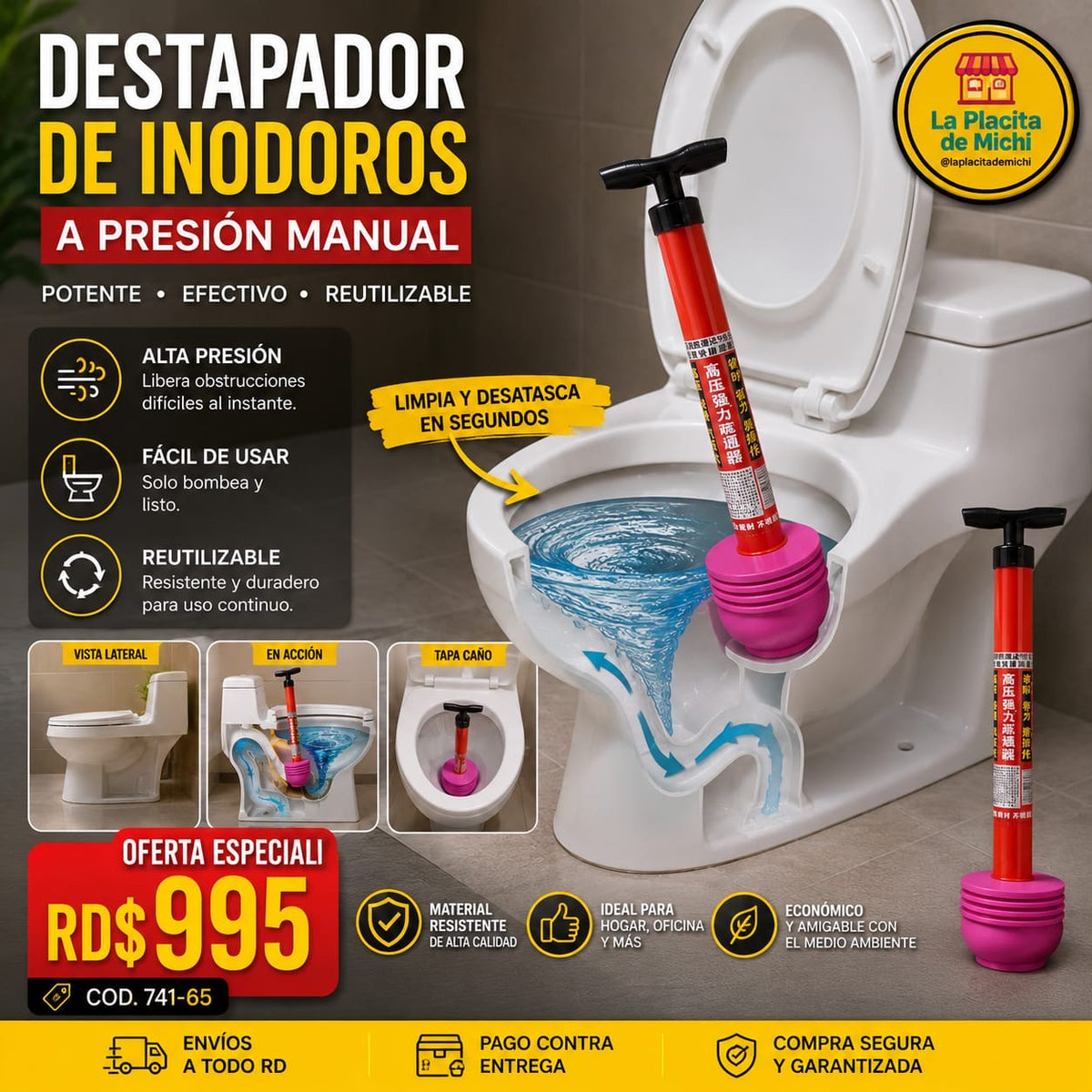 🚽✨ Destapador de Inodoros a Presión Manual ✨🚽 (Cod.741-65)
💰RD$995