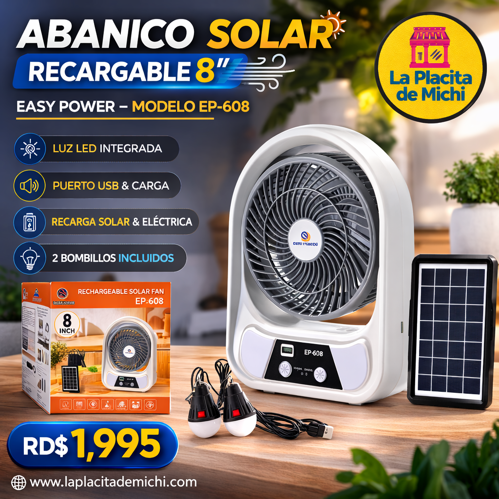 ❄️🔋 ABANICO SOLAR RECARGABLE 8” EASY POWER – MODELO EP-608 🔋❄️

💰RD$1,995