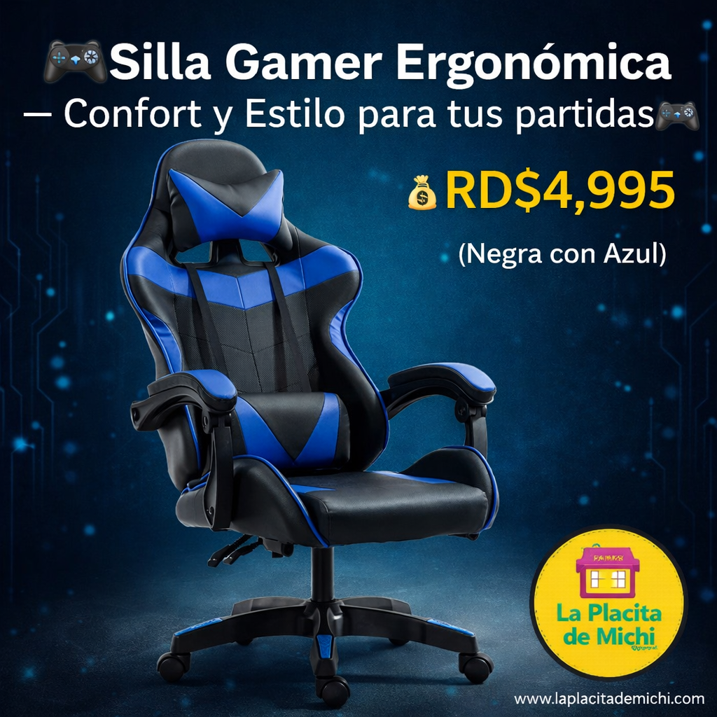 🎮🔥 SILLA GAMER ERGONÓMICA – COMODIDAD REAL PARA HORAS DE JUEGO O TRABAJO 🔥🎮
🎨 Color: Negro con Azul 

💰 Precio: RD$4,995